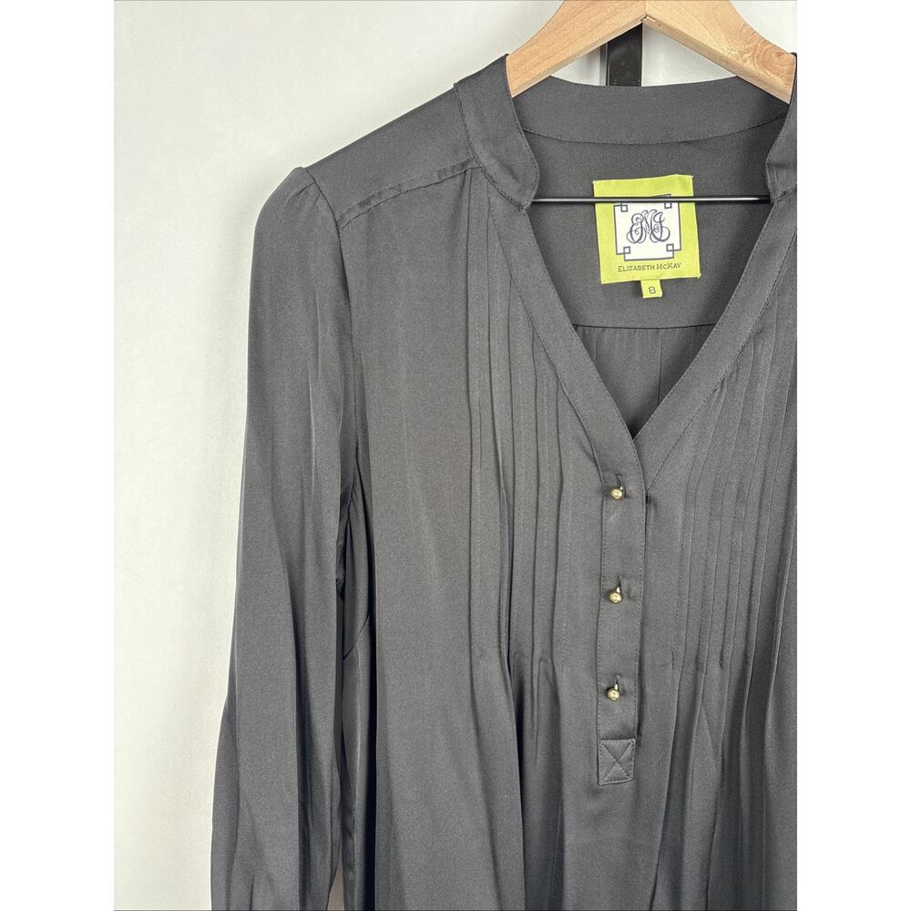 Elizabeth McKay Pleated Blouse 8 Black Women's Silk Blend Gold Button 3/4 Sleeve - Picture 3 of 13